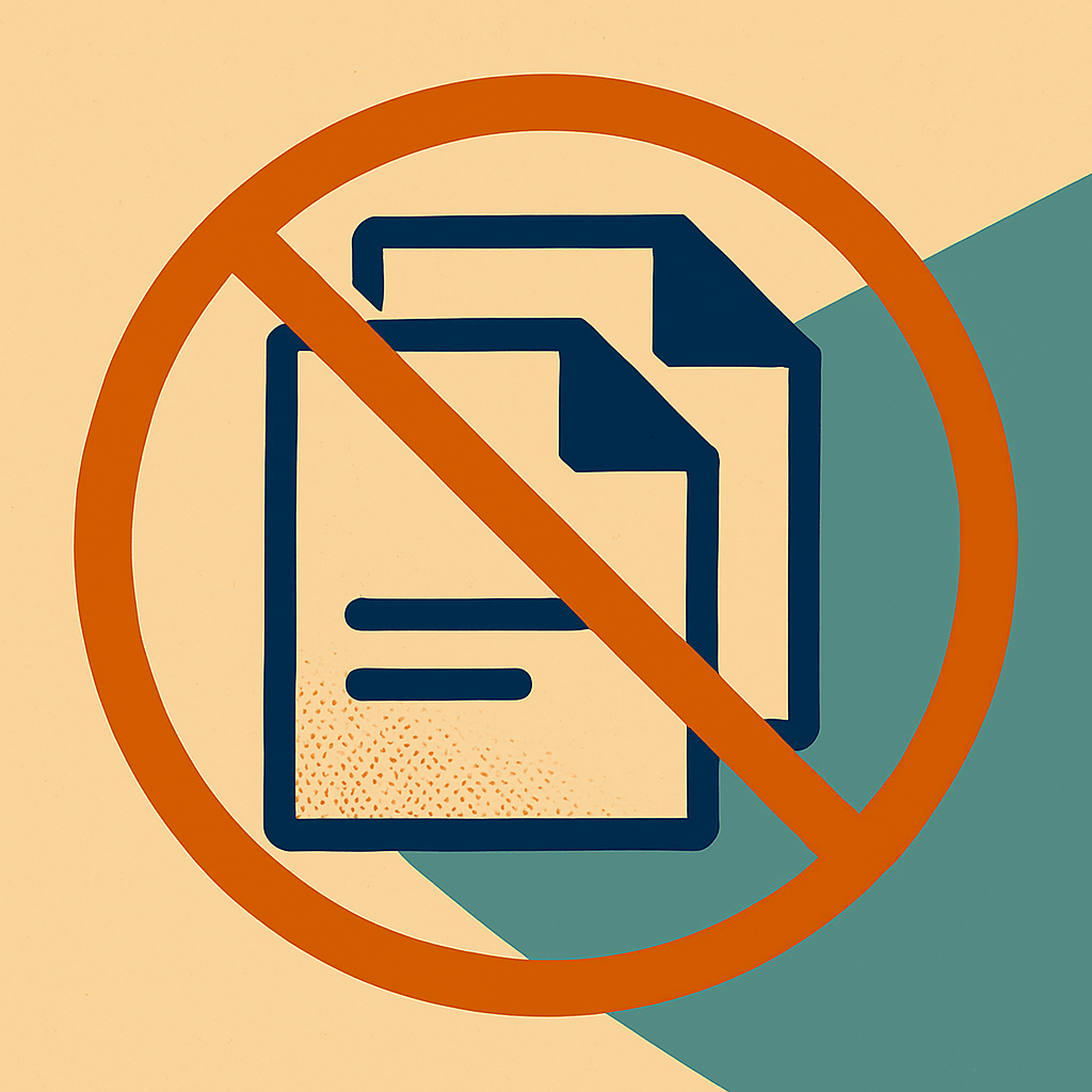 An illustration of a copy and paste icon with a red circle and a line through it