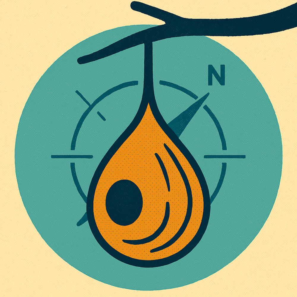 Am illustration of a weaver bird nest with a compass behind it